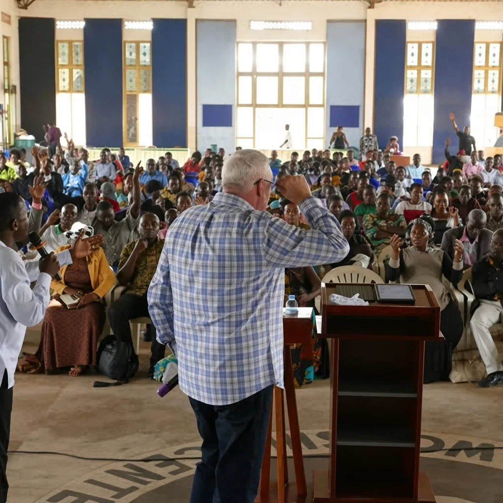 A Refuge leader speaking to a large overseas congregation.