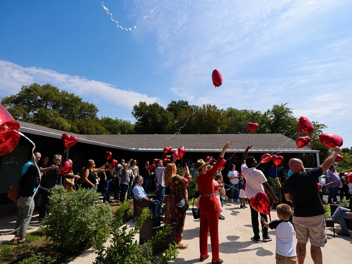 Neighbors releasing red heart balloons outside The Refuge on a sunny day.