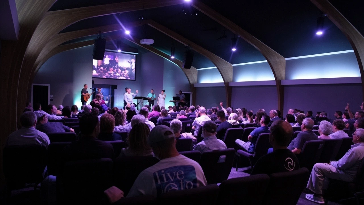 The Refuge sanctuary during Sunday worship — the whole community gathered under the arches.