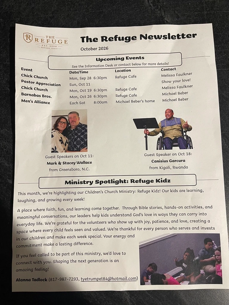 The Refuge Newsletter, October 2026 — front page with upcoming events, guest speakers, and Refuge Kidz spotlight.